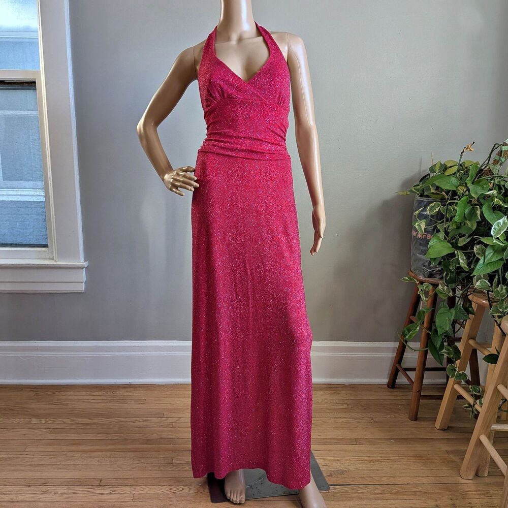 Vintage Y2K Be Smart Red/Pink Glitter Prom Gown Evening Halter Siren Size 13/14
